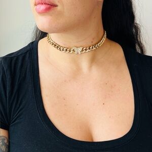 Gold Plated Sterling Silver CZ Cuban Link Butterfly Choker Necklace
